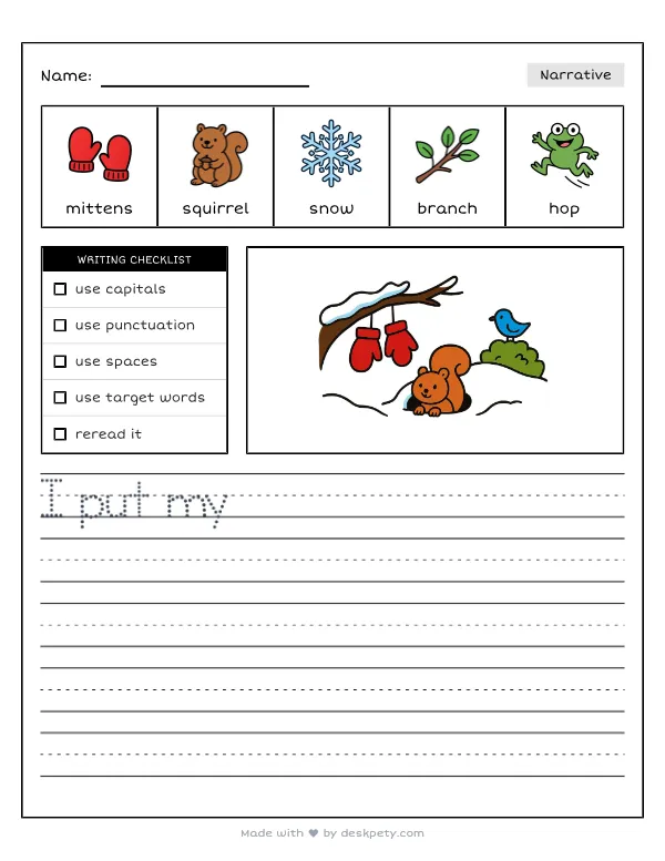 A lone pair of red mittens hanging on a snowy branch, a squirrel peeking out from a snowy burrow — real worksheet preview with word bank and writing lines