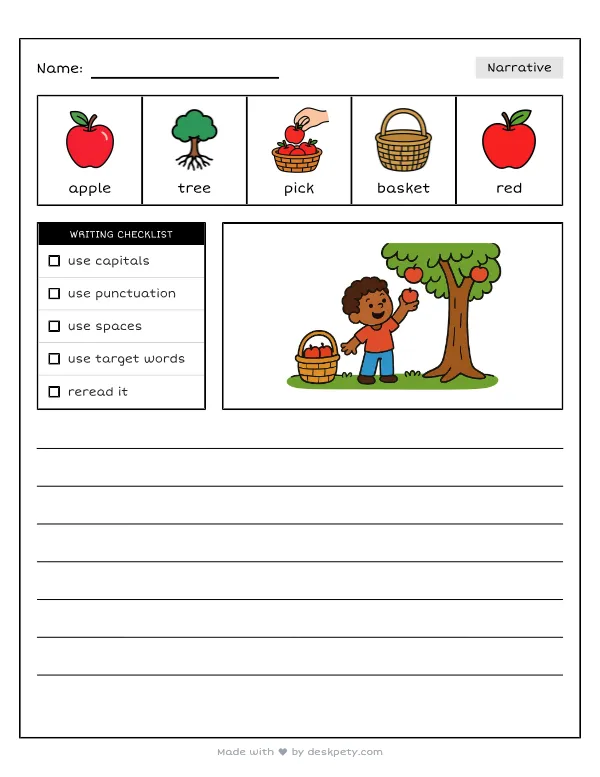 Picking shiny red apples from a tall, leafy tree in the orchard — real worksheet preview with word bank and writing lines