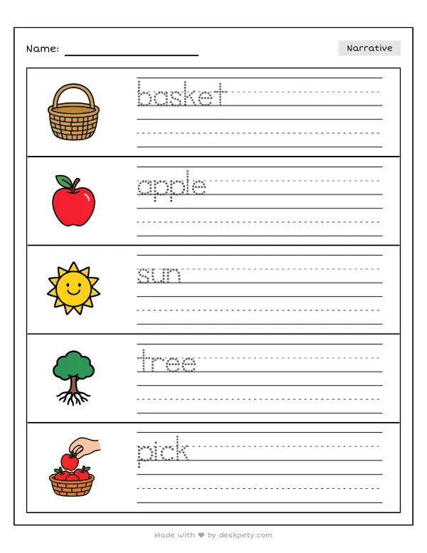 Preview of the a woven wooden basket filled to the top with fresh green apples writing worksheet — word bank, tracing lines and checklist (page 1 of 5)