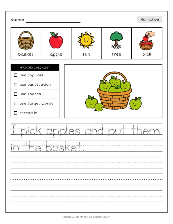 A woven wooden basket filled to the top with fresh green apples — real worksheet preview with word bank and writing lines