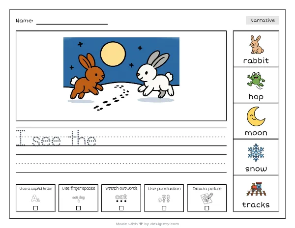 A pair of rabbits making tracks in the moonlight — real worksheet preview with word bank and writing lines