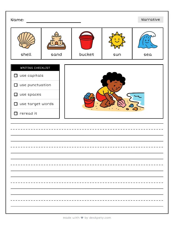 Collecting beautiful, shiny seashells along the ocean shore — real worksheet preview with word bank and writing lines