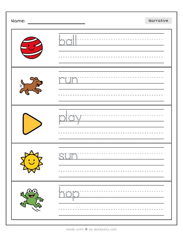 Free printable K-1 narrative writing prompt worksheet - At recess I like to play with word bank and handwriting lines (page 1 of 5)
