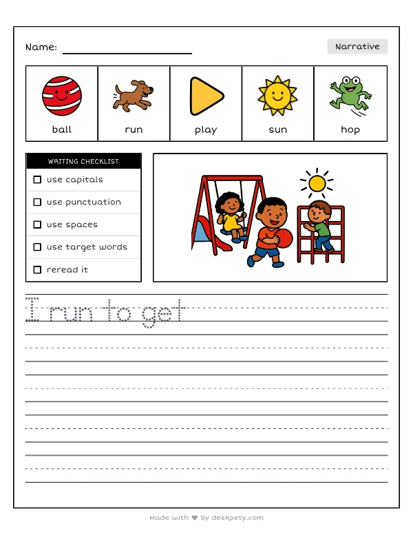 Free printable K-1 narrative writing prompt worksheet - At recess I like to play with word bank and handwriting lines