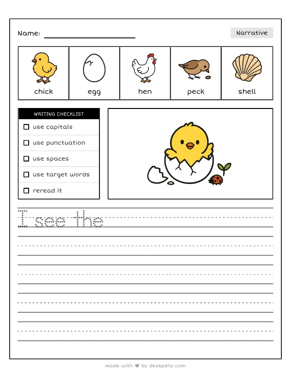 A fluffy baby chick hatching out of a cracked white egg — real worksheet preview with word bank and writing lines