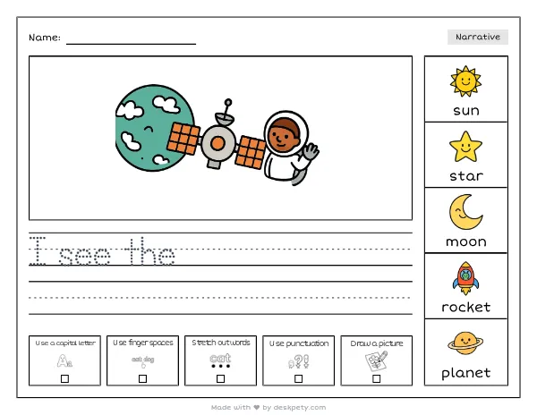 A floating space station orbiting a blue-green planet — real worksheet preview with word bank and writing lines