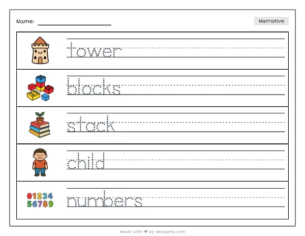 A wobbly tower of colorful blocks labeled with age numbers — real worksheet preview with word bank and writing lines