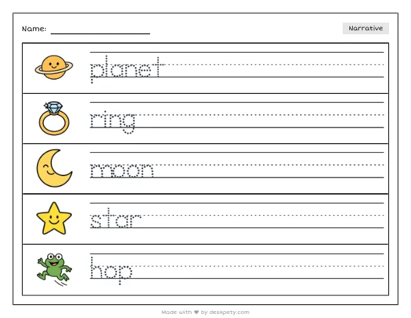 A ringed planet glowing over a rocky moon — real worksheet preview with word bank and writing lines