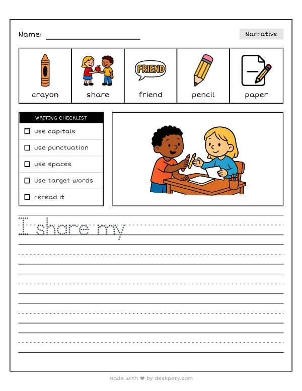 Sharing my school supplies with a classmate in need — real worksheet preview with word bank and writing lines