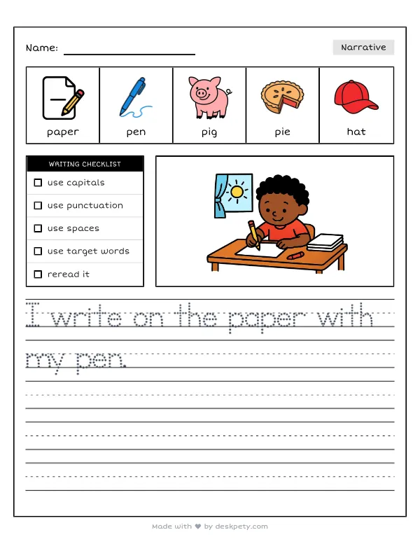 Writing down what I am most thankful for on a piece of paper — real worksheet preview with word bank and writing lines