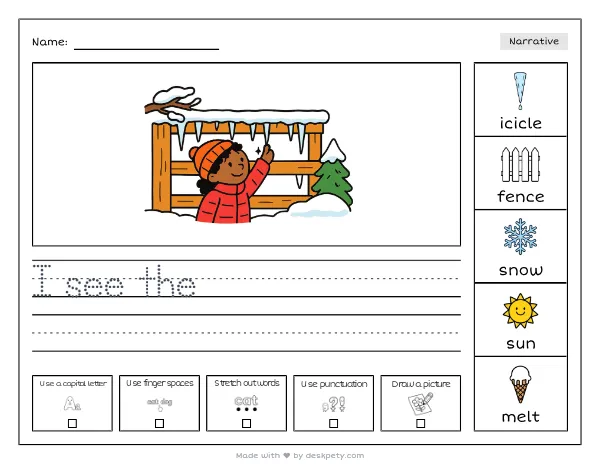 A row of icicles hanging from a wooden fence — real worksheet preview with word bank and writing lines