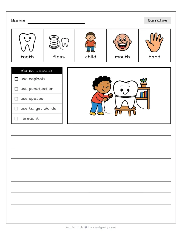 Free printable K-1 narrative writing prompt worksheet - A child flossing a giant model of a tooth in a classroom with word bank and handwriting lines