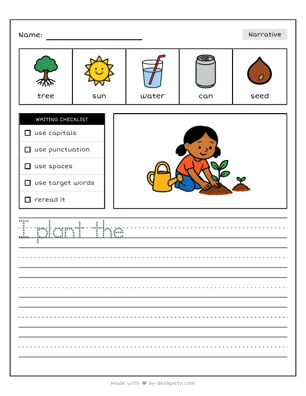 Free printable K-1 narrative writing prompt worksheet - My promise to nature is to with word bank and handwriting lines