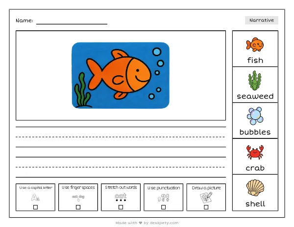 Free printable Kindergarten write and draw worksheet - Deep down in the ocean water it is very tracing sentence and coloring page