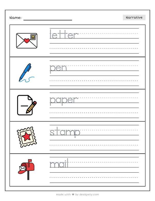 A child writing a letter to a grandparent who lives far away — real worksheet preview with word bank and writing lines