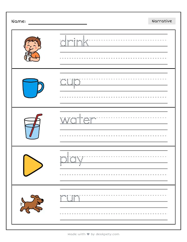 Free printable K-1 narrative writing prompt worksheet - After playing hard I need to drink with word bank and handwriting lines (page 1 of 5)