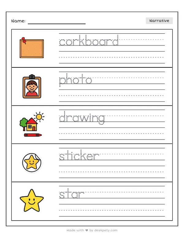 A collage of my favorite things pinned to a corkboard — real worksheet preview with word bank and writing lines