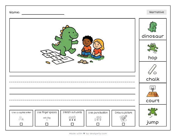 A dinosaur playing hopscotch on a chalk-drawn court — real worksheet preview with word bank and writing lines