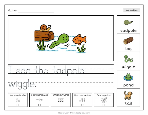 A tadpole wiggling near a sunken log in a pond — real worksheet preview with word bank and writing lines