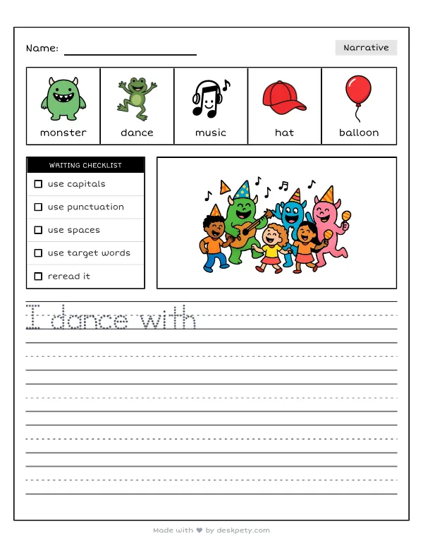 Friendly monsters having a wild and goofy dance party — real worksheet preview with word bank and writing lines