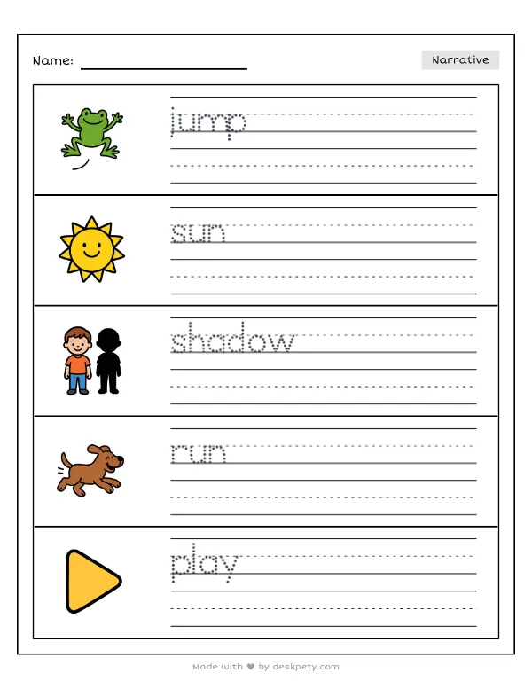 A shadow of me jumping on a sunny sidewalk — real worksheet preview with word bank and writing lines