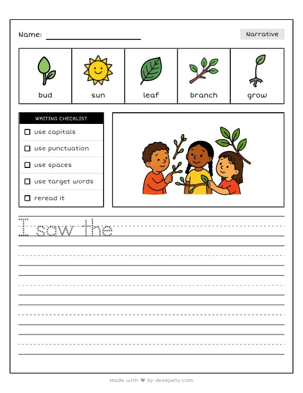 Green buds growing and blooming on tree branches — real worksheet preview with word bank and writing lines