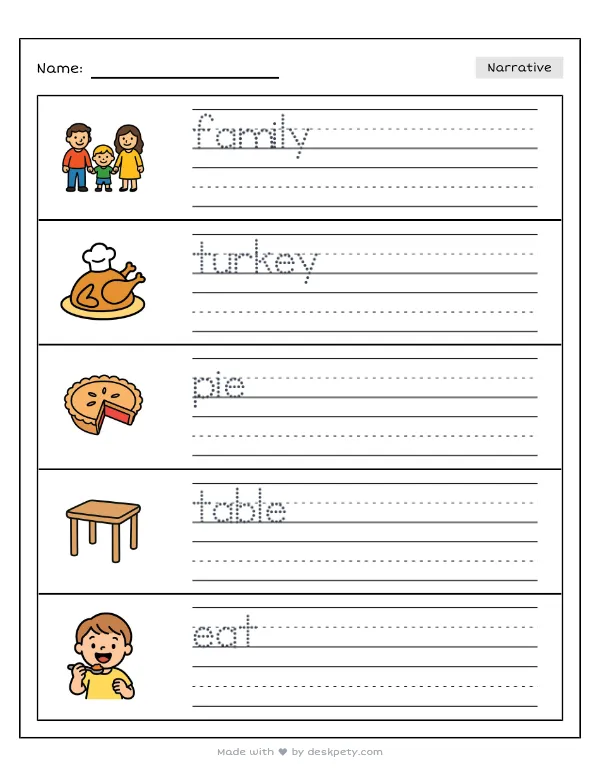 Preview of the the whole family sitting around a grand thanksgiving feast writing worksheet — word bank, tracing lines and checklist (page 1 of 5)