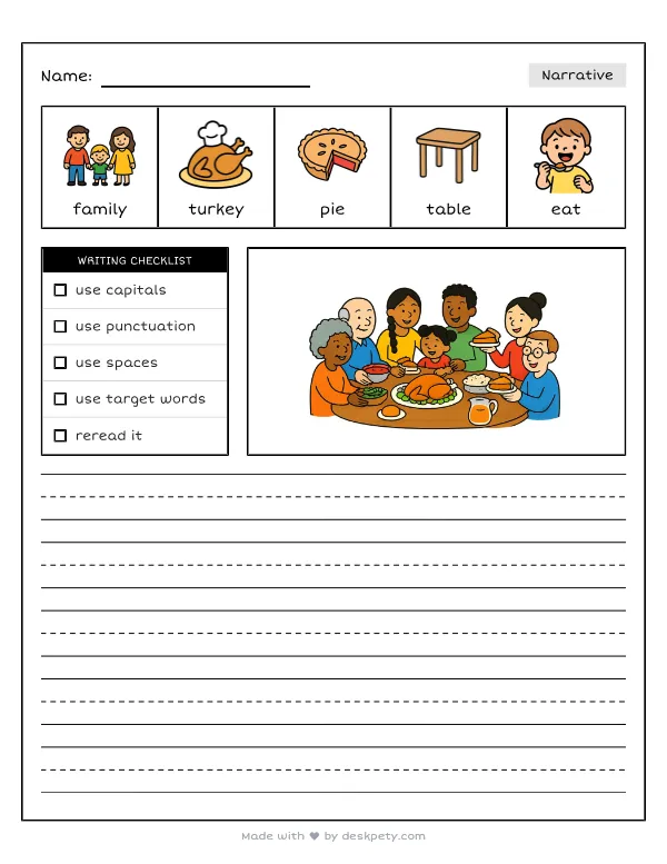 The whole family sitting around a grand Thanksgiving feast — real worksheet preview with word bank and writing lines