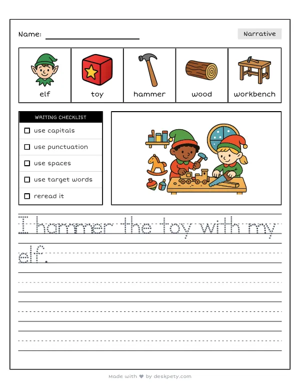 Hardworking elves building wooden toys in Santa's workshop — real worksheet preview with word bank and writing lines