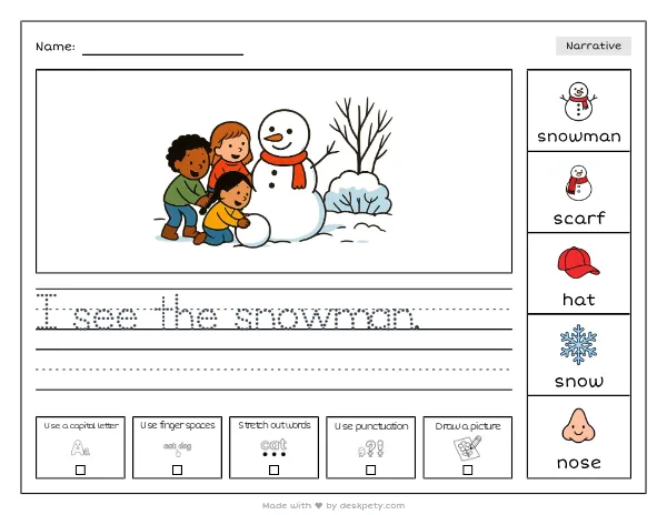 A snowman wearing a tiny red scarf — real worksheet preview with word bank and writing lines