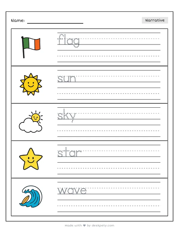 Free printable K-1 narrative writing prompt worksheet - The American flag has bright stars and with word bank and handwriting lines