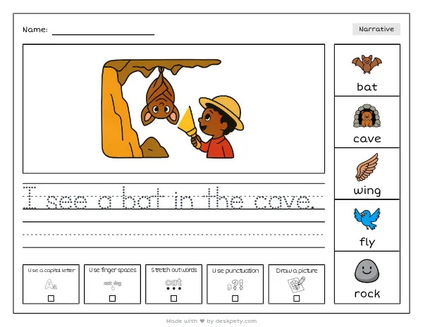 A bat hanging upside down in a dark cave — real worksheet preview with word bank and writing lines