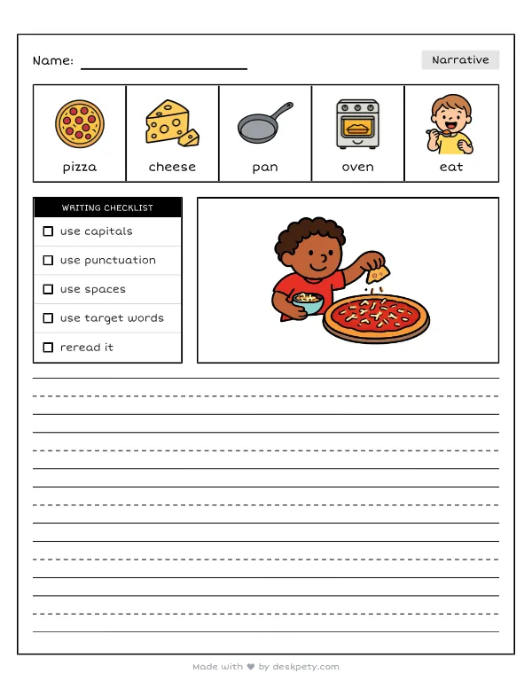 Free printable K-1 narrative writing prompt worksheet - Making my favorite cheesy pizza I put on with word bank and handwriting lines