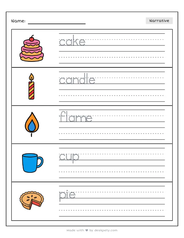 Preview of the a birthday cake with my age in glowing candles writing worksheet — word bank, tracing lines and checklist (page 1 of 5)