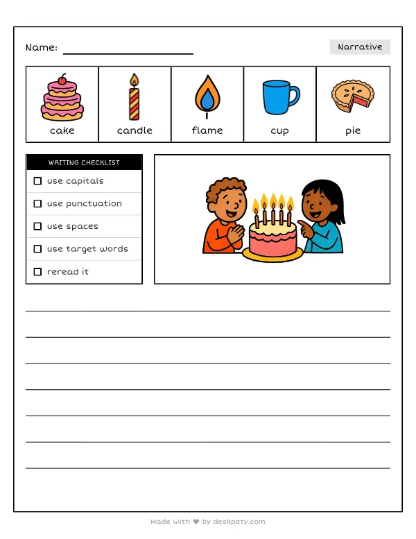 A birthday cake with my age in glowing candles — real worksheet preview with word bank and writing lines
