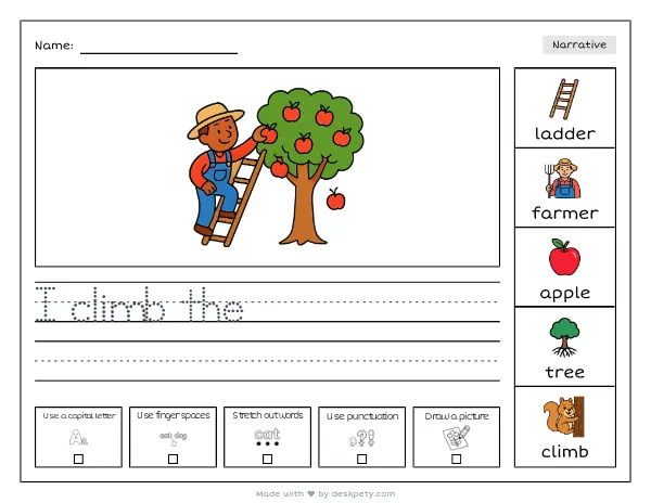 A farmer's ladder leaning against a tall apple tree — real worksheet preview with word bank and writing lines