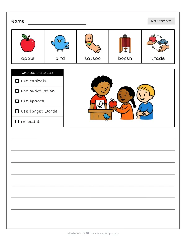 Trading a shiny apple for a bird calls tattoo at a fall fair booth — real worksheet preview with word bank and writing lines