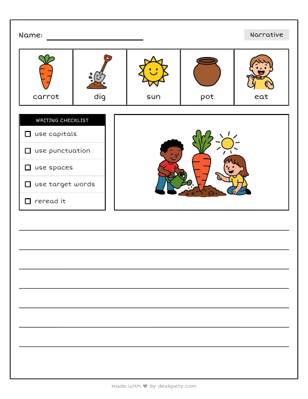 Free printable K-1 narrative writing prompt worksheet - My favorite crunchy vegetable to grow is with word bank and handwriting lines