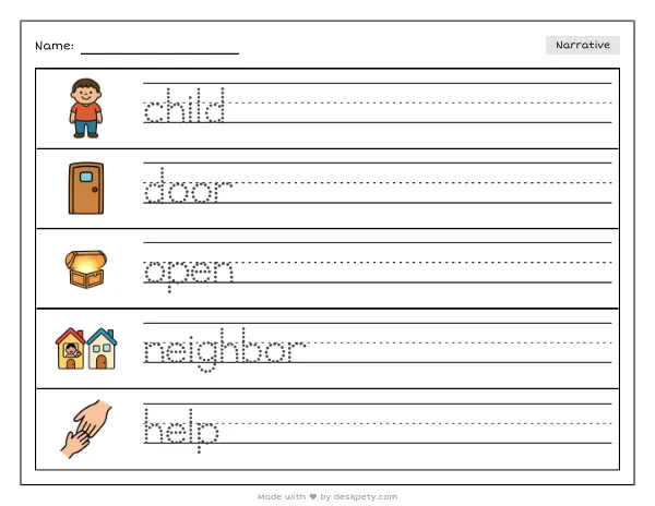 Free printable Kindergarten write and draw worksheet - A child holding a door open for an elderly neighbor tracing sentence and coloring page (page 1 of 4)
