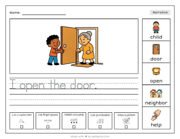 A child holding a door open for an elderly neighbor — real worksheet preview with word bank and writing lines
