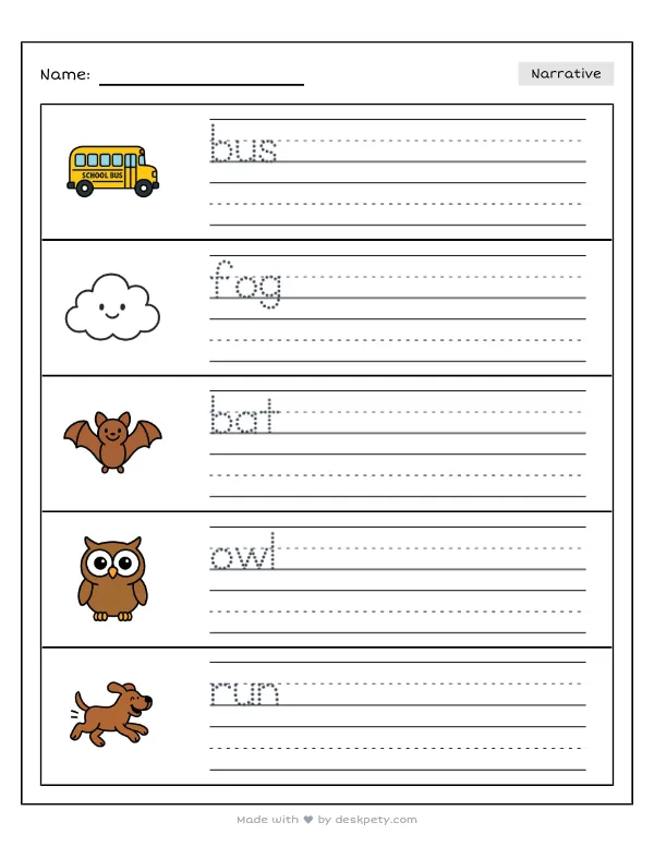A haunted school bus driving through a misty field — real worksheet preview with word bank and writing lines