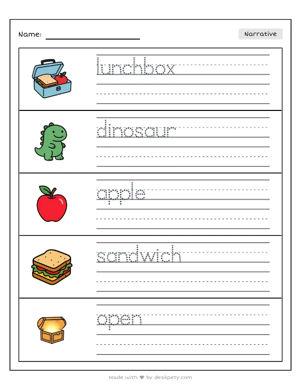 Unpacking a shiny new lunchbox with a dinosaur design — real worksheet preview with word bank and writing lines