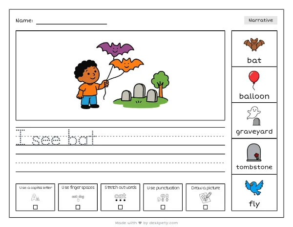 A group of floating balloons shaped like bats over a graveyard — real worksheet preview with word bank and writing lines