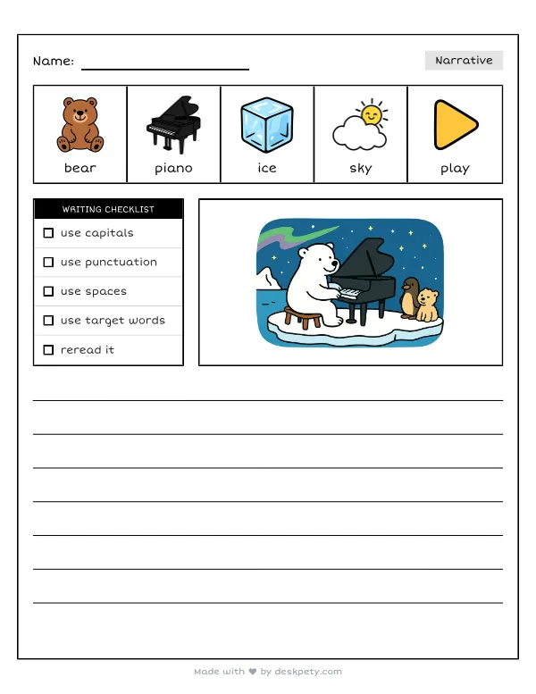Playing a grand piano on a floating ice floe under the northern lights — real worksheet preview with word bank and writing lines