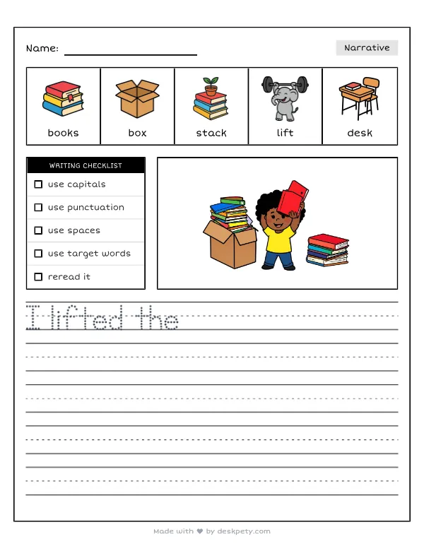 Unloading a tower of fresh textbooks from a creaking cardboard box — real worksheet preview with word bank and writing lines