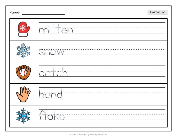 A child catching a snowflake on a mitten — real worksheet preview with word bank and writing lines