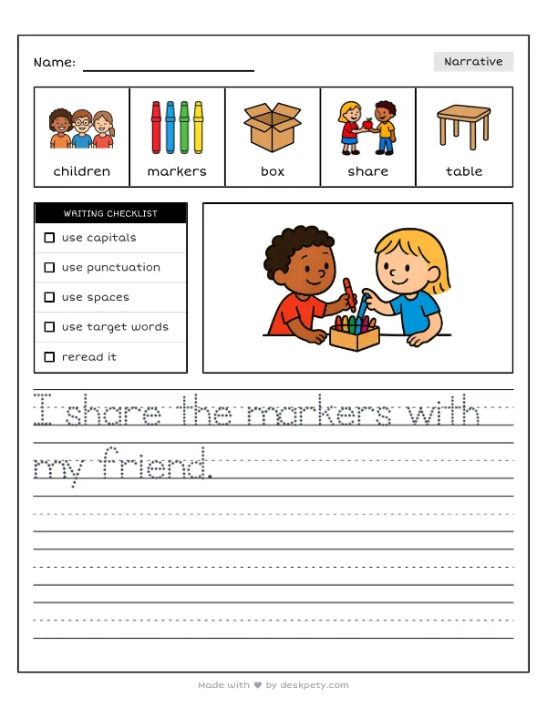 Two smiling students happily sharing a box of colorful markers — real worksheet preview with word bank and writing lines