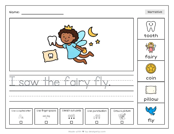 Free printable Kindergarten write and draw worksheet - The Tooth Fairy came at night and left tracing sentence and coloring page