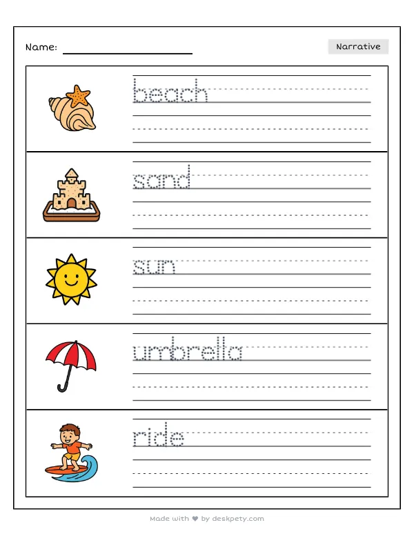 The best place I have ever visited on a family vacation — real worksheet preview with word bank and writing lines
