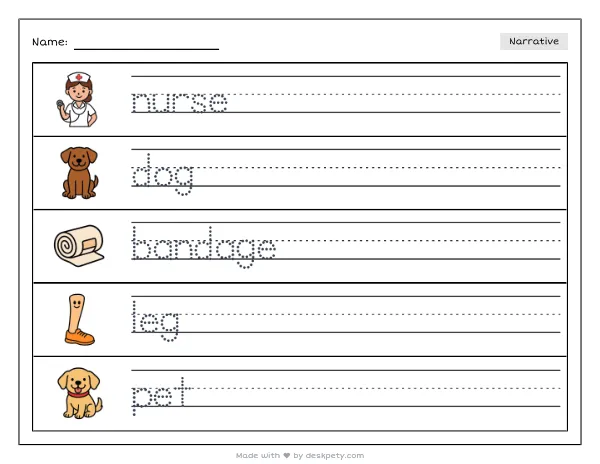 A nurse giving a small dog a bandage on its leg — real worksheet preview with word bank and writing lines